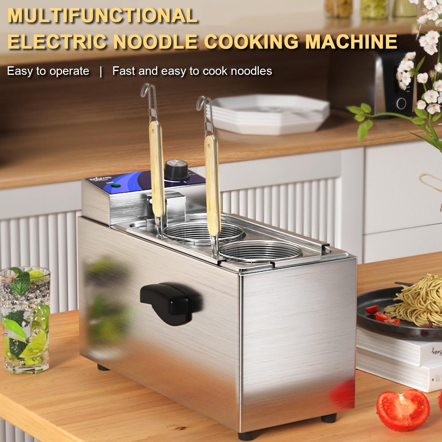 SEASAND 2-Hole Electric Pasta Cooker Machine - 120V 1.8KW Commercial Noodle Maker with Filter for Home & Restaurant Use - Perfect for Italian Cuisine, Ramen, and Asian Noodle Dishes