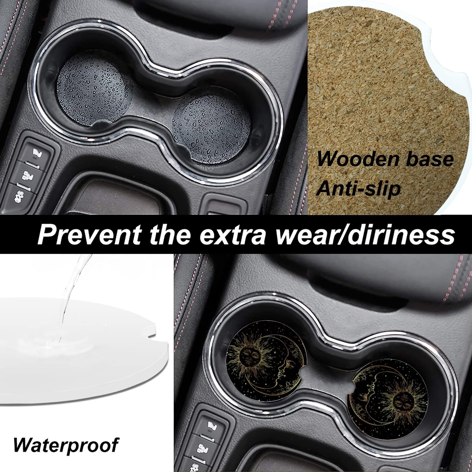 6-Pack Absorbent Ceramic Car Coasters - Golden Sun, Crescent Moon & Stars Boho Design | Non-Slip Drink Coasters for Cup Holders | Perfect Car Accessories Gift for Men & Women | Ideal for Road Trips, Commuting & Daily Driving