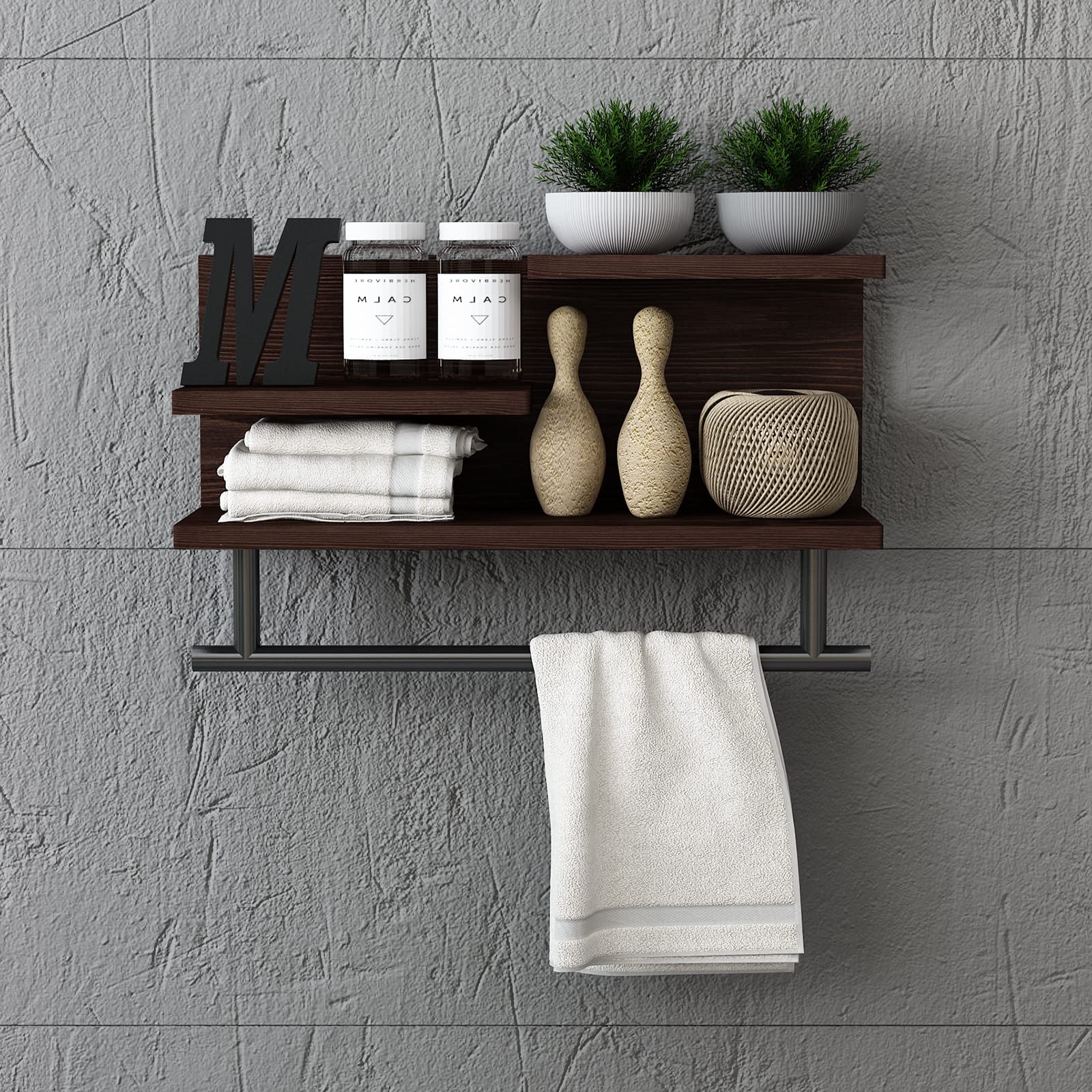 3-Tier Floating Shelf with Towel Bar - Wall Mounted Bathroom Storage Shelf for Towels & Decor - Space Saving Organizer for Kitchen, Bedroom, Living Room - 24 Inch White Wooden Shelf - Perfect for Small Bathrooms & Apartment Decor
