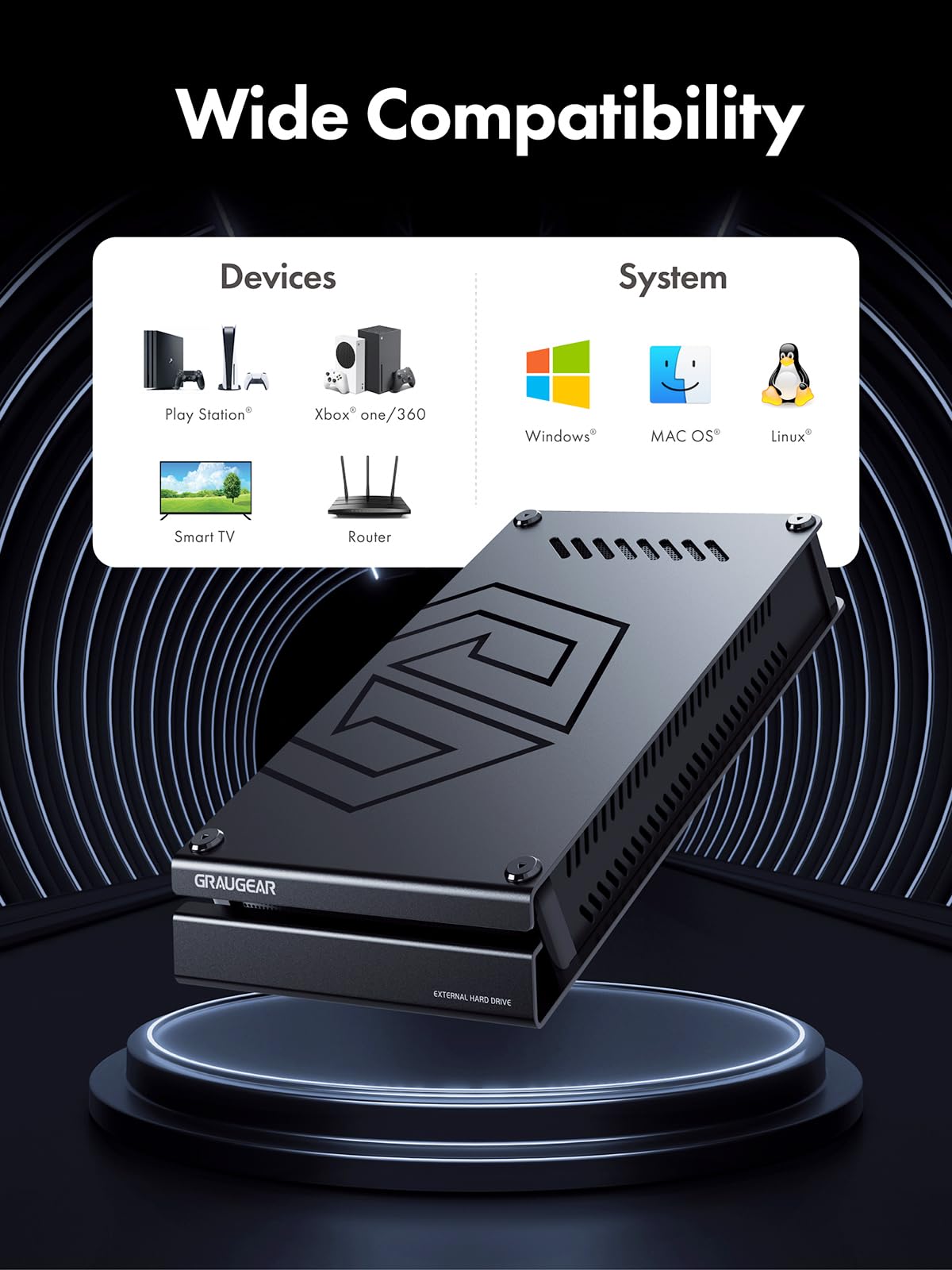 GRAUGEAR 4TB External Hard Drive Aluminum Case for Playstation - Pre-Formatted for PS4/PS5, 3.5 Inch HDD with Power Adapter - High Capacity Storage for Gaming, Media & Backup