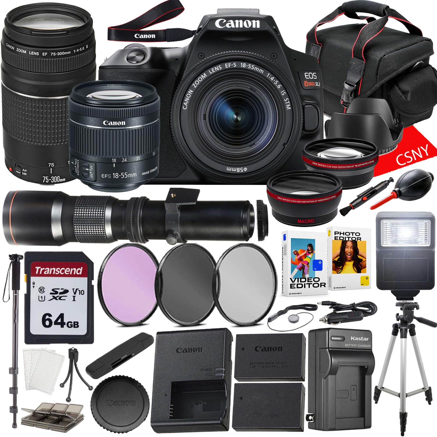 Canon EOS Rebel SL3 DSLR Camera Bundle with 15-55mm & 75-300mm Lenses + 500mm Telephoto Lens | 64GB Memory Card, Tripod & 27-Piece Accessory Kit (Renewed) - Perfect for Travel Photography, Wildlife Shooting & Beginner Photographers