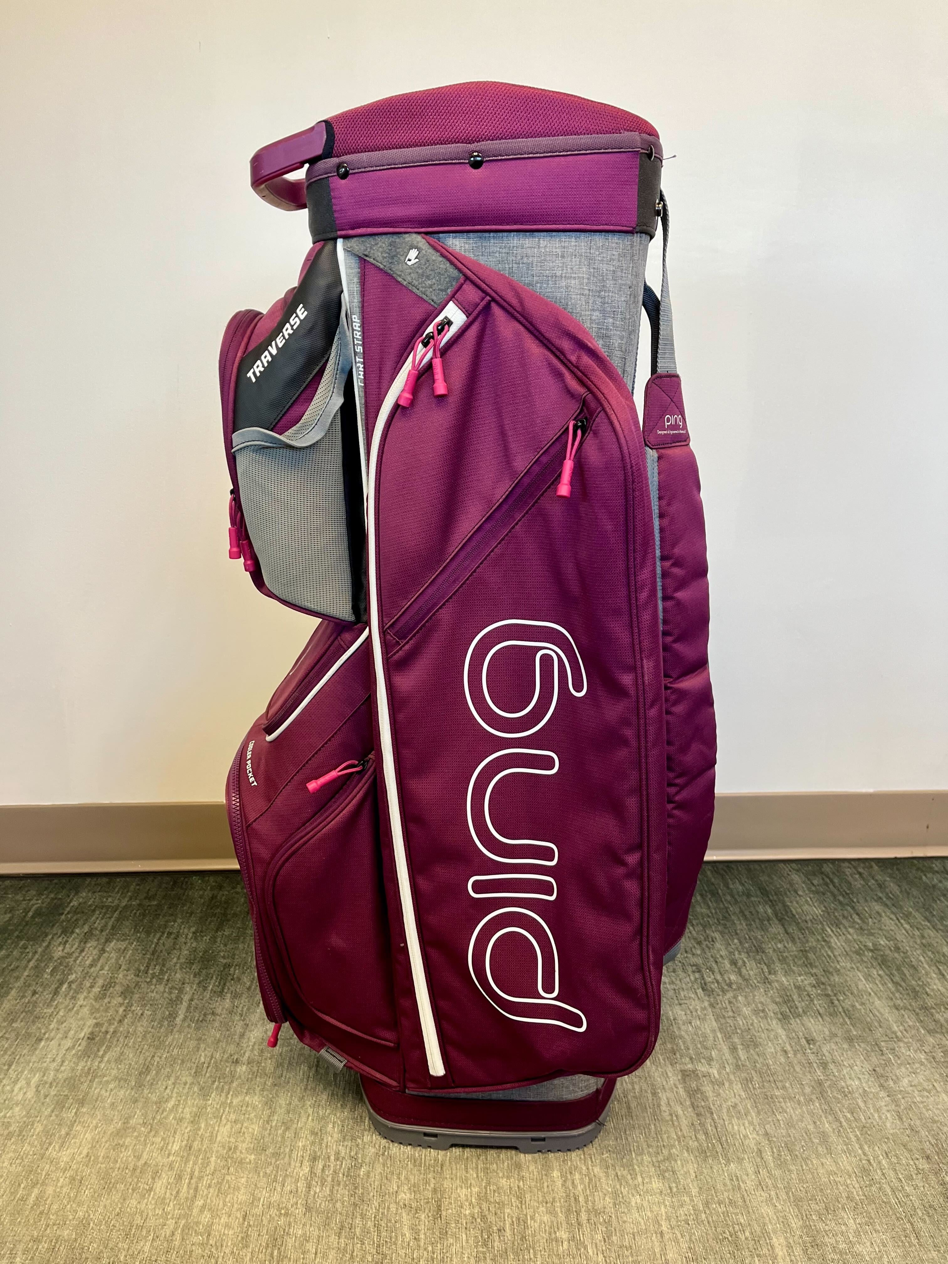 Premium Ping Traverse Golf Cart Bag - 14-Way Divider, 9 Pockets, Adjustable Strap & Rain Cover - Purple - Perfect for Golf Tournaments & Club Storage