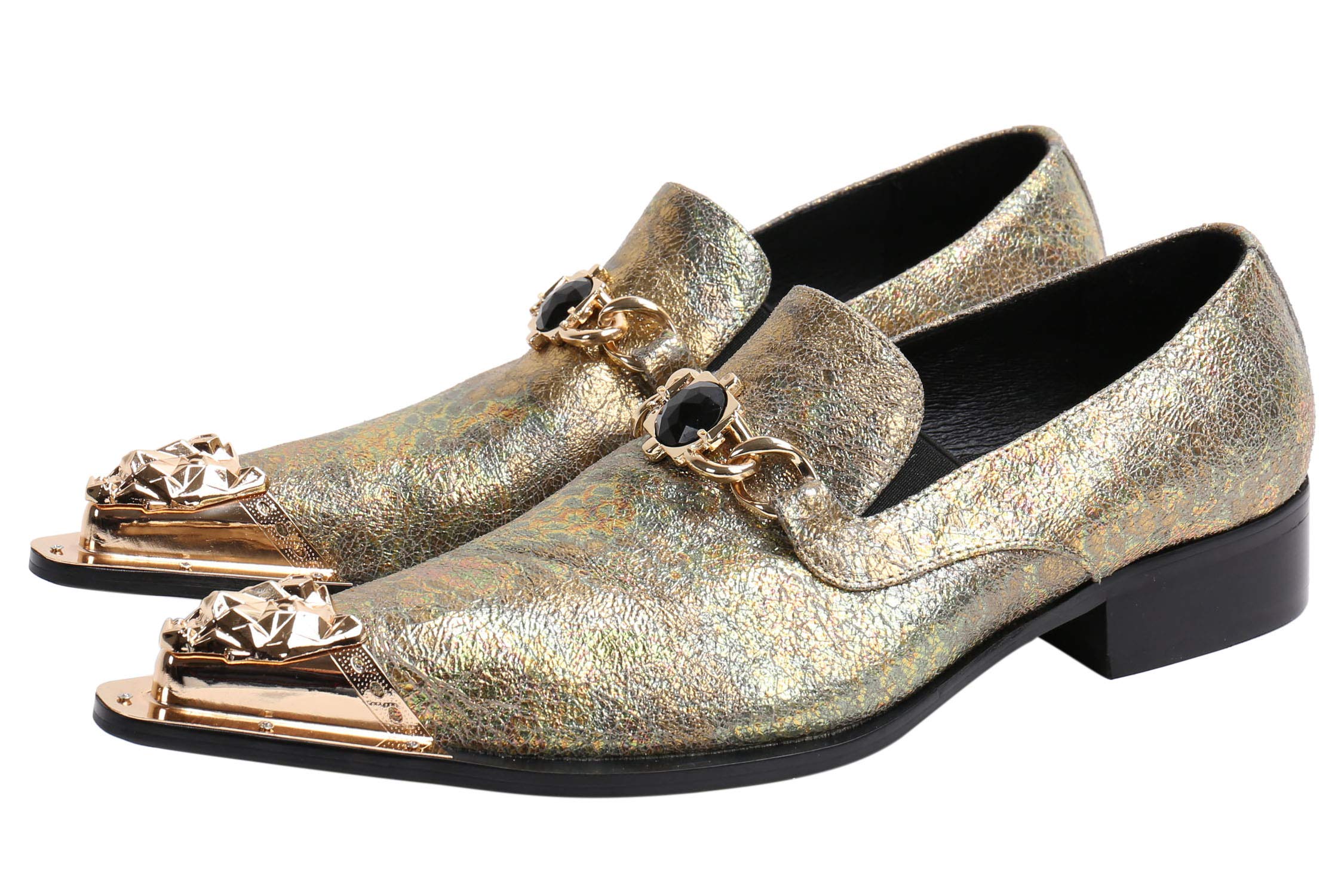 Santimon Men's Pointed Toe Loafers - Genuine Leather Western Dress Shoes with Rhinestone Buckle & Metal Tip | Perfect for Casual Wear, Office & Special Occasions