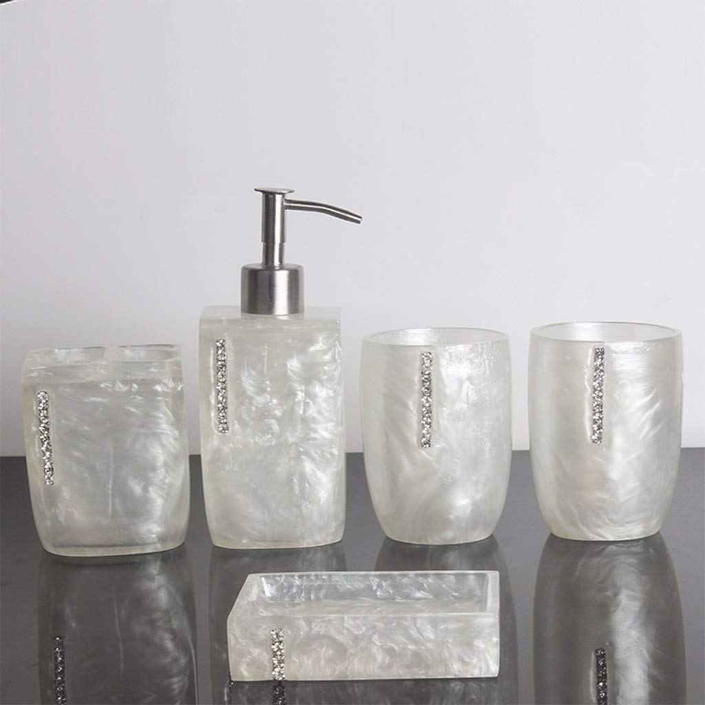 5-Piece Resin Soap Dispenser Set - Includes Refillable Liquid Soap Dispenser, Toothbrush Holder, Tumbler & Soap Dish - Elegant Bathroom & Kitchen Organization Accessories for Stylish Home Decor