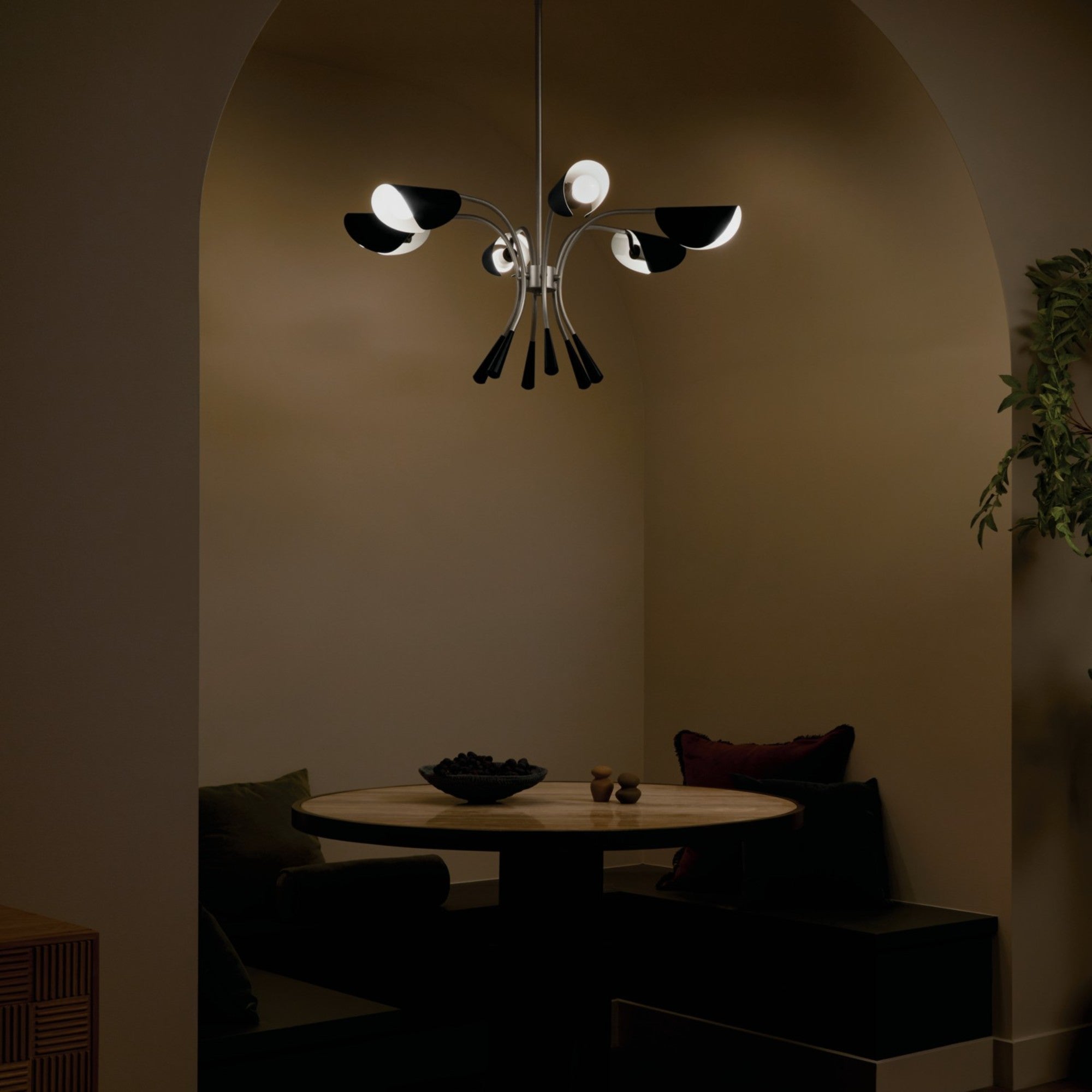 Arcus 39-Inch 6-Light Chandelier with Black Shade - Satin Nickel Finish | Elegant Dining Room & Bedroom Lighting Fixture for Modern Home Decor