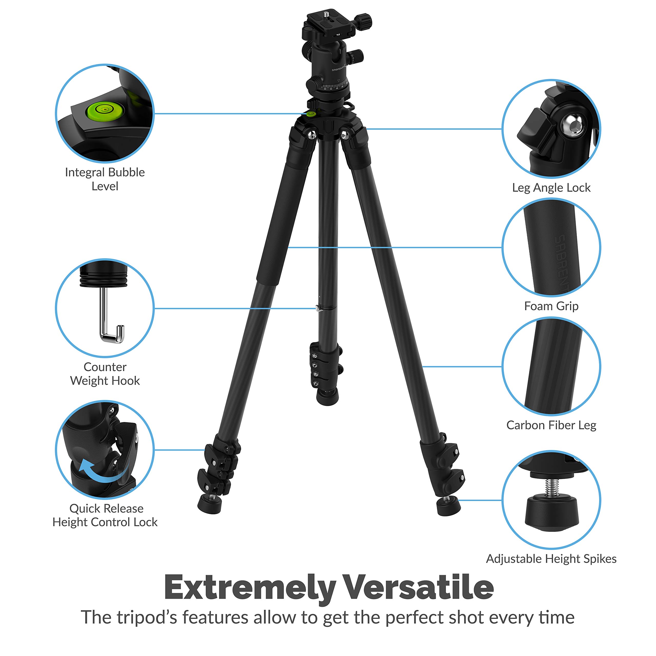 SABRENT 62-Inch Lightweight Carbon Fiber Tripod with 360° Ball Head & Quick Release Plate - Professional Camera Tripod for DSLR, Mirrorless, Video Cameras (TP-CF62) - Perfect for Travel, Vlogging, Photography & Outdoor Shooting