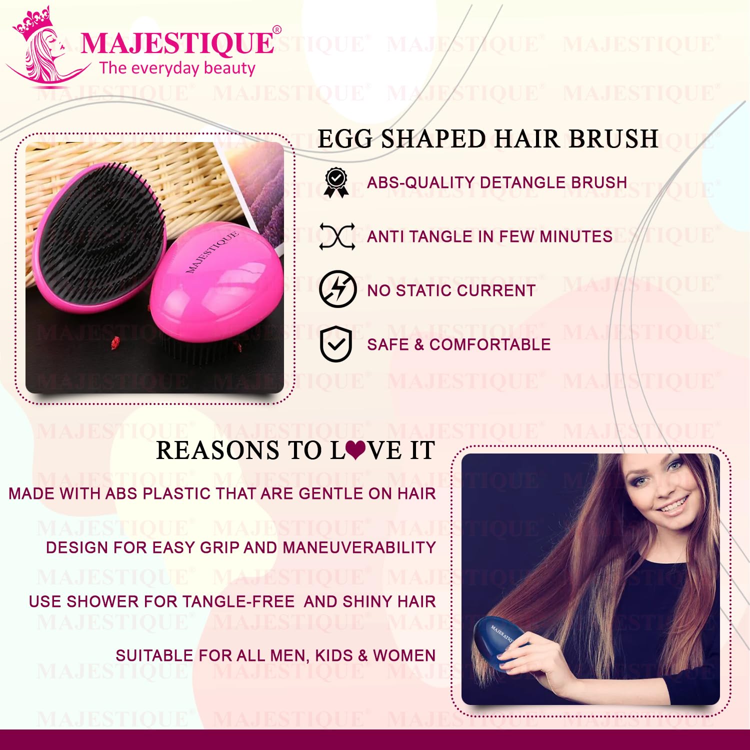 Majestique Egg Shaped Detangling Hair Brush for Women & Men - Anti-Static Hair Comb Reduces Breakage & Frizz - Anti-Dandruff Scalp Massager Brush (Color May Vary) | Perfect for Daily Styling, Travel & Salon Use