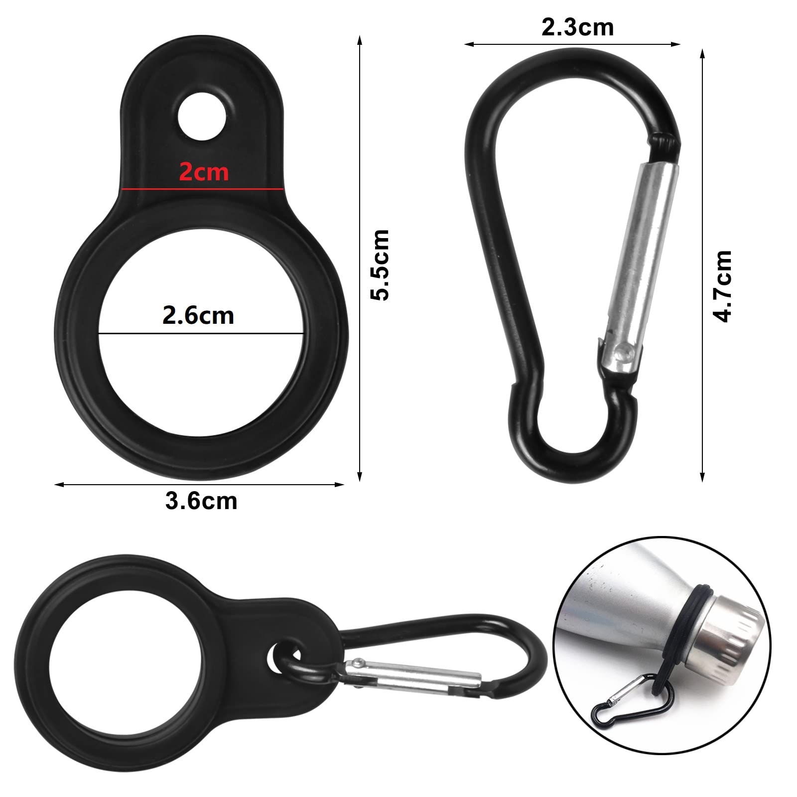 Focenat 6-Pack Silicone Water Bottle Buckle - Portable Hanging Hook with Carabiner Clip for Hiking, Camping, Travel & Outdoor Activities - Durable Black Bottle Carrier Holder for Backpacks, Bikes & Gear