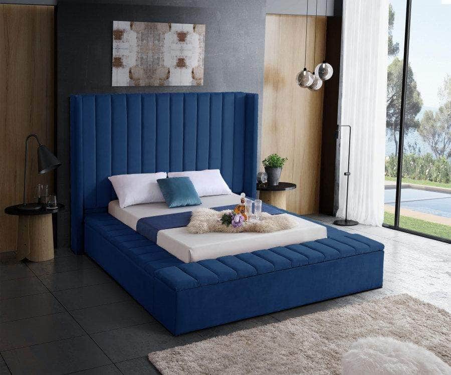 Vaughan Velvet Wingback Platform Bed with Channel Tufting & 3 Storage Benches - Queen/King Size, Gray/Blue/Pink - Luxurious Bedroom Furniture for Master Suite, Guest Room & Apartment