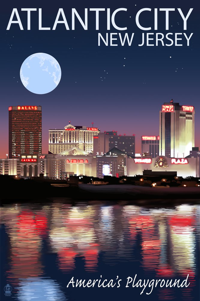 Atlantic City New Jersey Skyline at Night - 24x36 Signed Art Print, Wall Decor Poster for Living Room, Bedroom & Office | Coastal Cityscape Photography