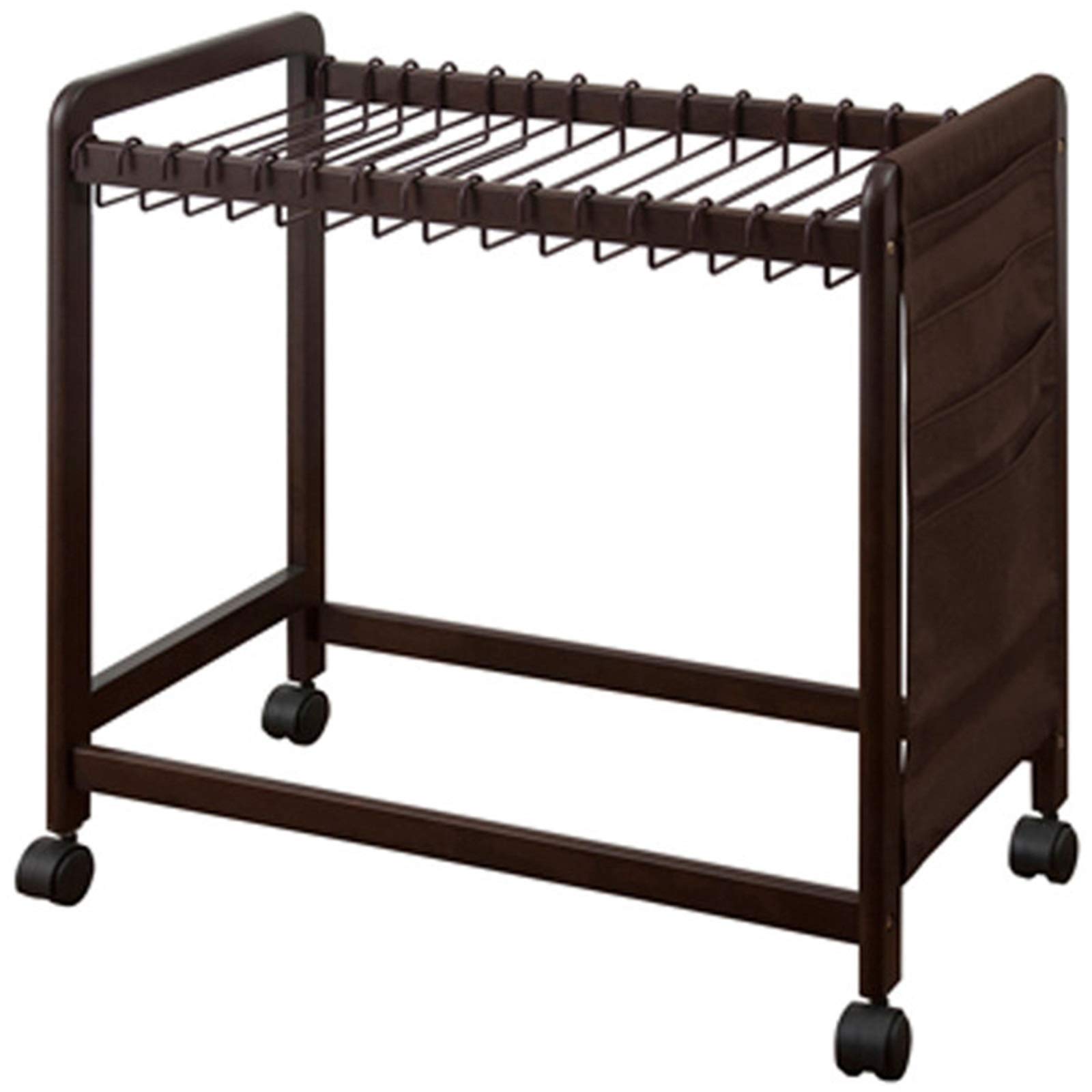 LXFA Rolling Trouser Trolley with Wheels - Wooden Sturdy Closet Pants Organizer with Side Bag for Bedroom, Bathroom & Balcony Storage - Space-Saving Brown Wardrobe Organizer for Hanging Pants, Skirts & Clothes
