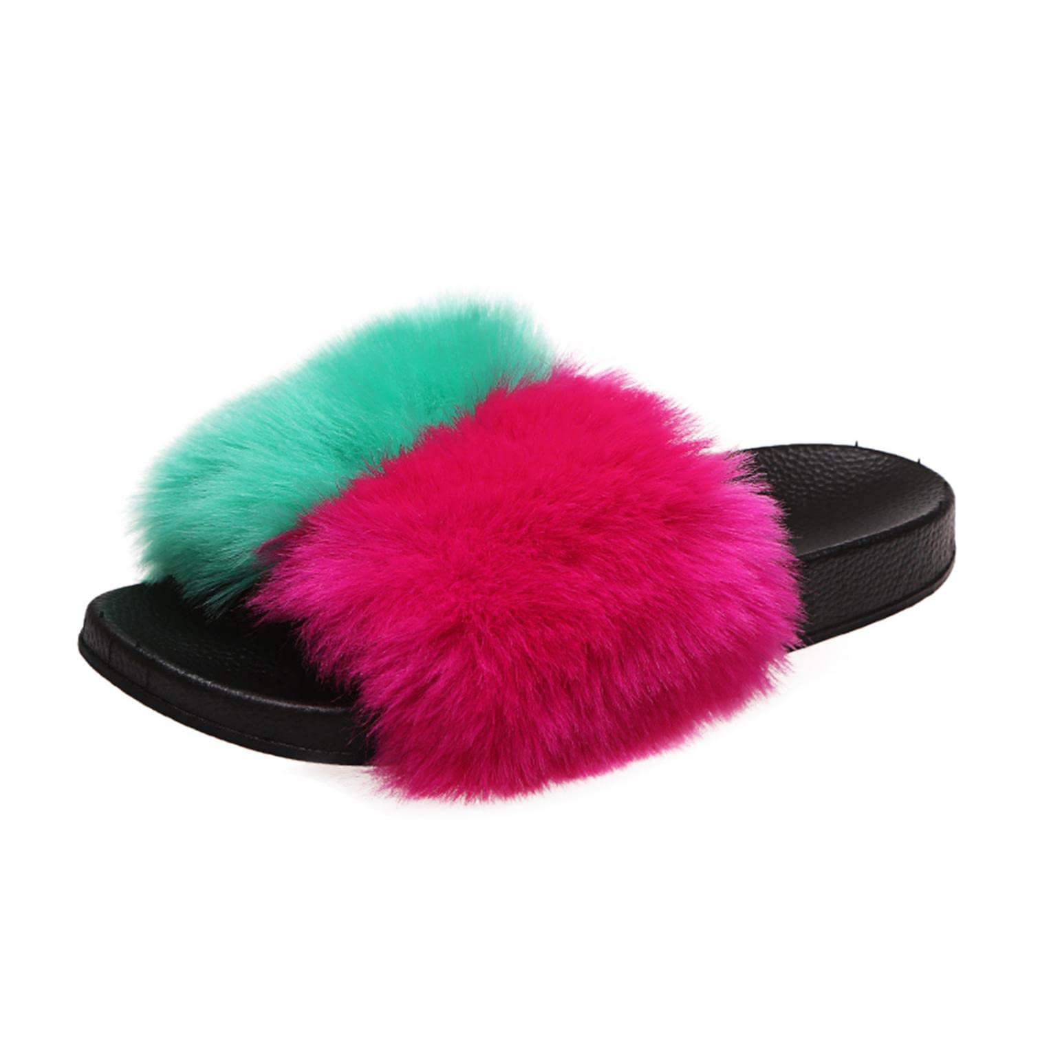 Women's Faux Fur Open-Toe Slippers - Soft Fluffy Color Block Sandals for Indoor/Outdoor Wear | Cozy House Shoes for Lounge, Travel & Relaxation