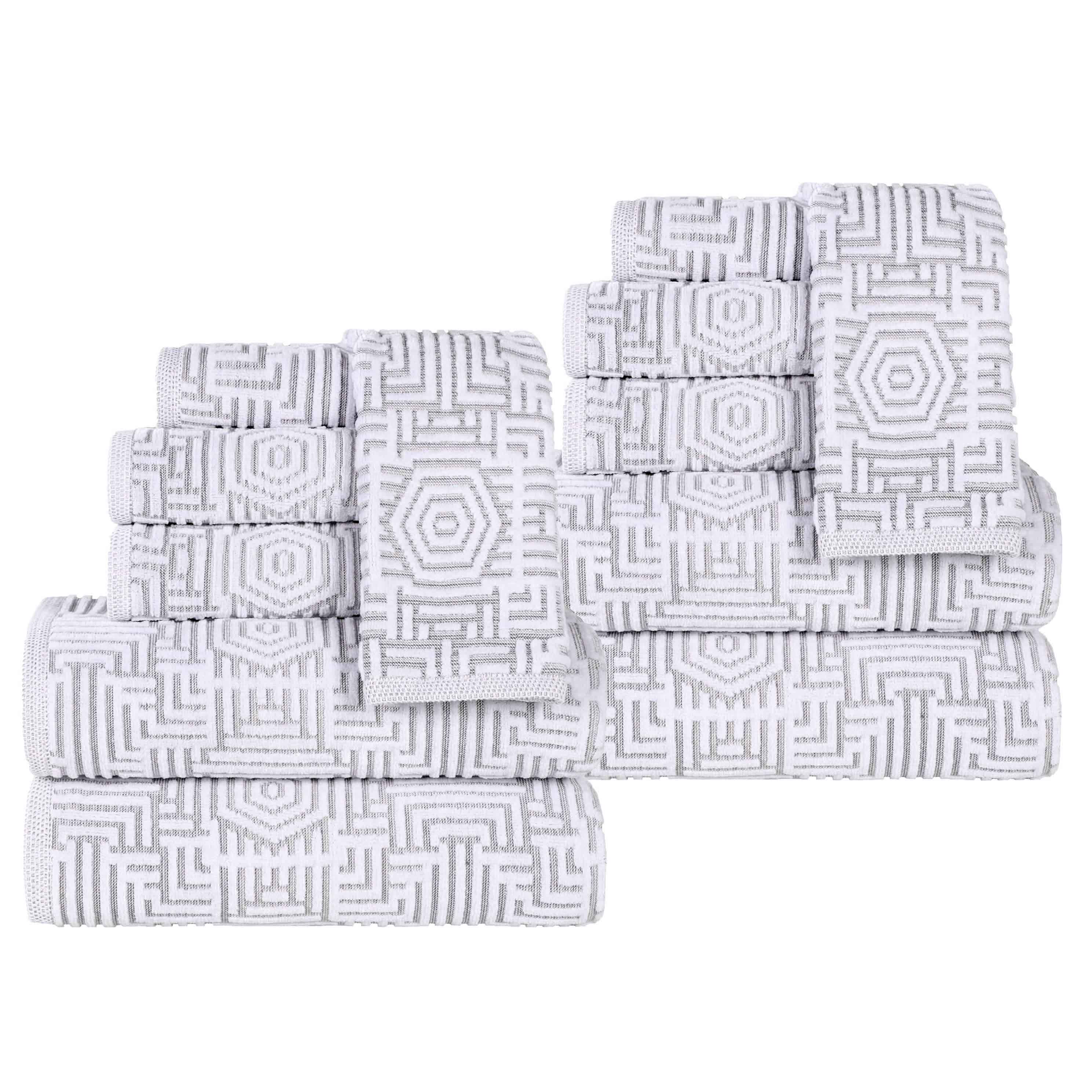 Premium 12-Piece Cotton Geometric Jacquard Plush Towel Set - Ultra Absorbent & Soft Bath Towels for Spa, Guest Bathroom & Luxury Home Decor