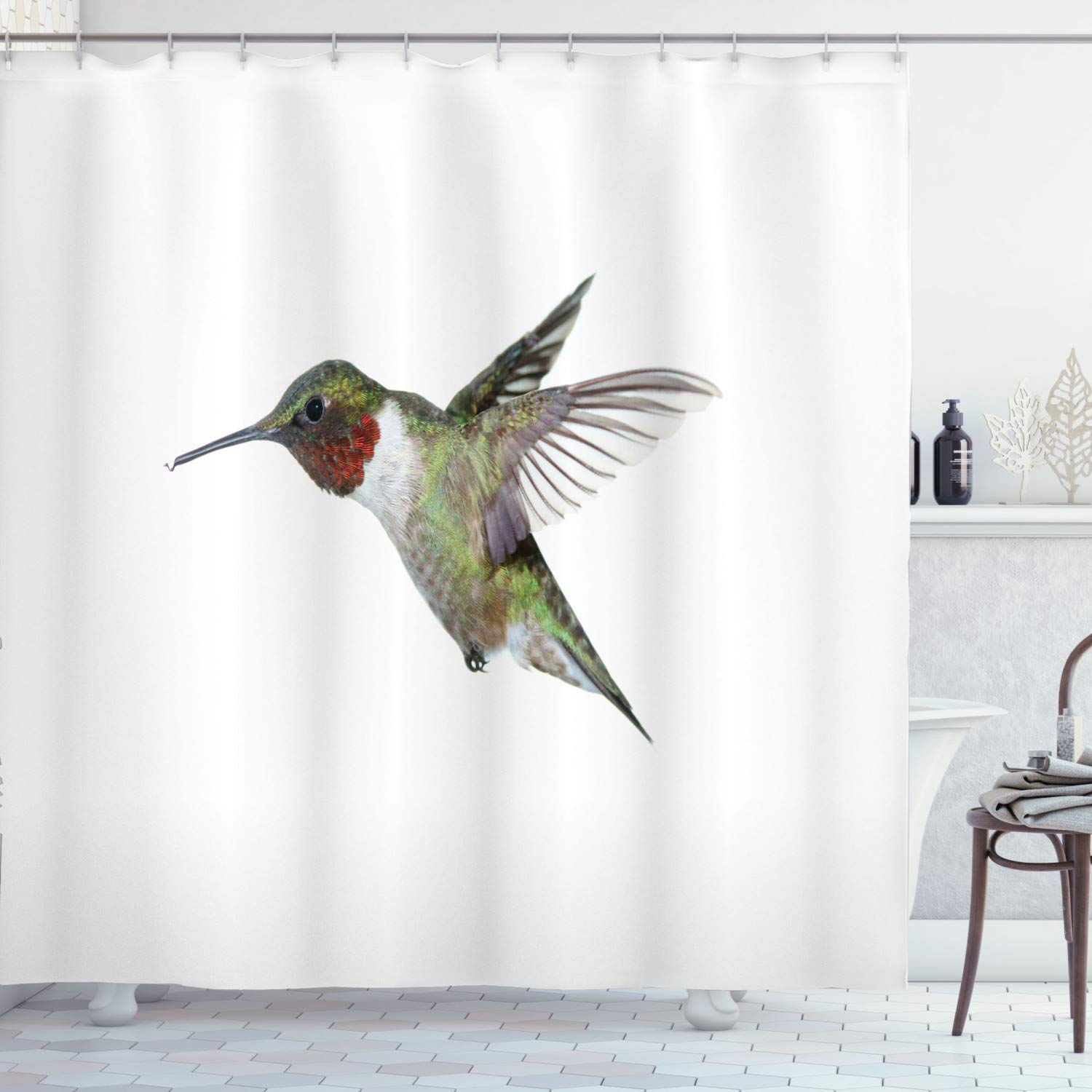 Ambesonne Hummingbird Shower Curtain - Colorful Tiny Bird Design on White Background, 69x70 Inch Fabric Bathroom Decor with Hooks - Perfect for Nature-Inspired Bathroom Themes & Boho Home Decor