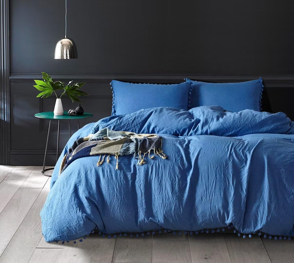 ROOMLIFE 100% Washed Cotton Duvet Cover Set - Soft, Breathable & Durable Bedding Set with 1 Comforter Cover + 2 Pillowcases (Sea Blue, Twin Size) | Cozy Textured Fabric for Kids Room, Guest Bedroom & Dorm Decor