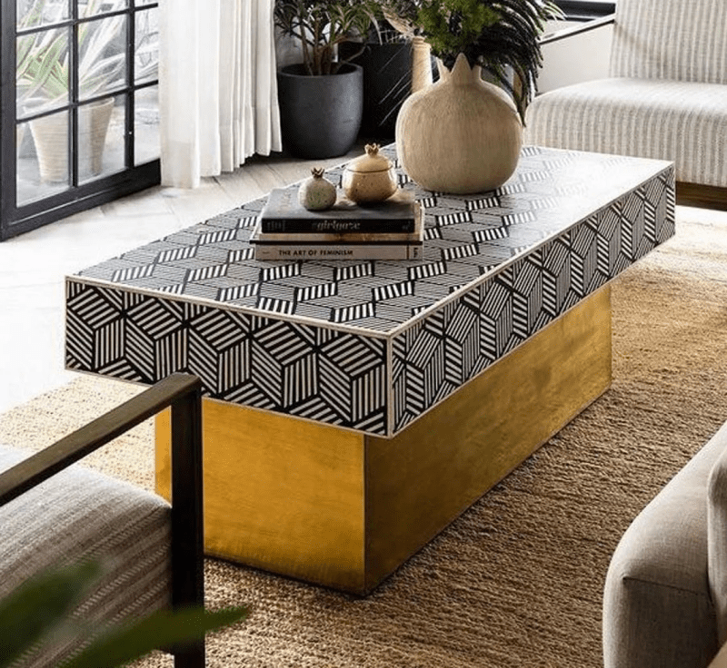 Handmade Bone Inlay Rectangle Coffee Table - Black Wooden Center Table for Living Room | Luxury Home Decor Furniture for Modern & Traditional Interiors