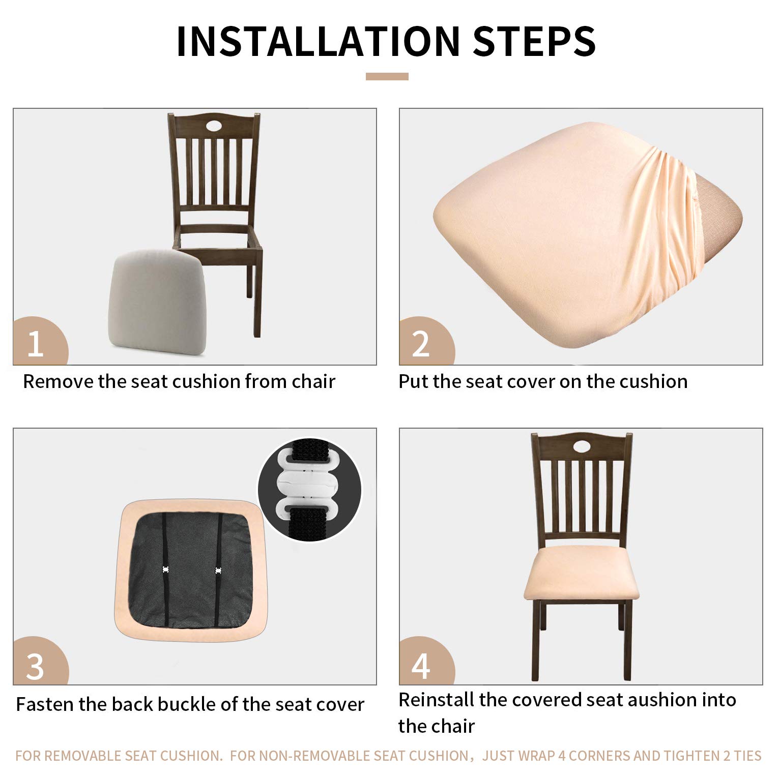 Premium Stretch Dining Chair Seat Covers with Ties - 4-Piece Beige Kitchen Chair Protectors for Home & Restaurant Use - Washable Fabric Covers for Dining Room, Kitchen, Office & Outdoor Furniture Protection