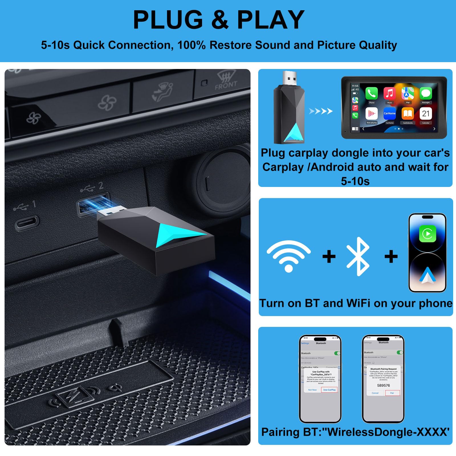 Wireless CarPlay & Android Auto Adapter - 2-in-1 Wired to Wireless Converter for Factory Wired Cars (2016+ Models) | 5GHz WiFi Low Latency | Plug & Play | Online Updates | Black | Perfect for Commuting & Road Trips