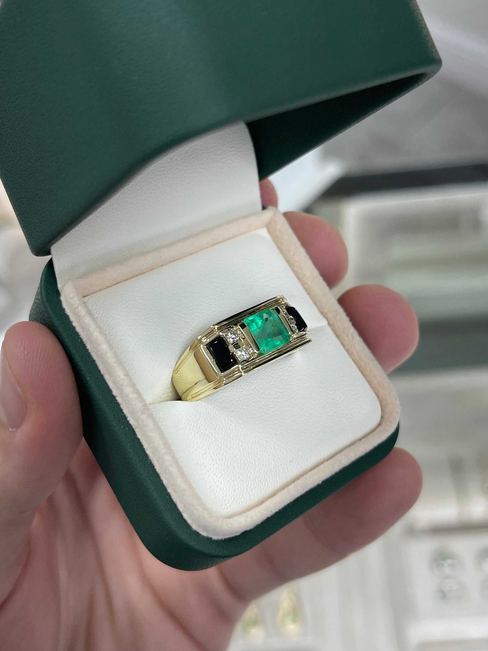 3.07 TCW Natural Colombian Emerald & Black Onyx Diamond Ring for Men in 14K Gold - Perfect for Weddings, Anniversaries & Special Occasions