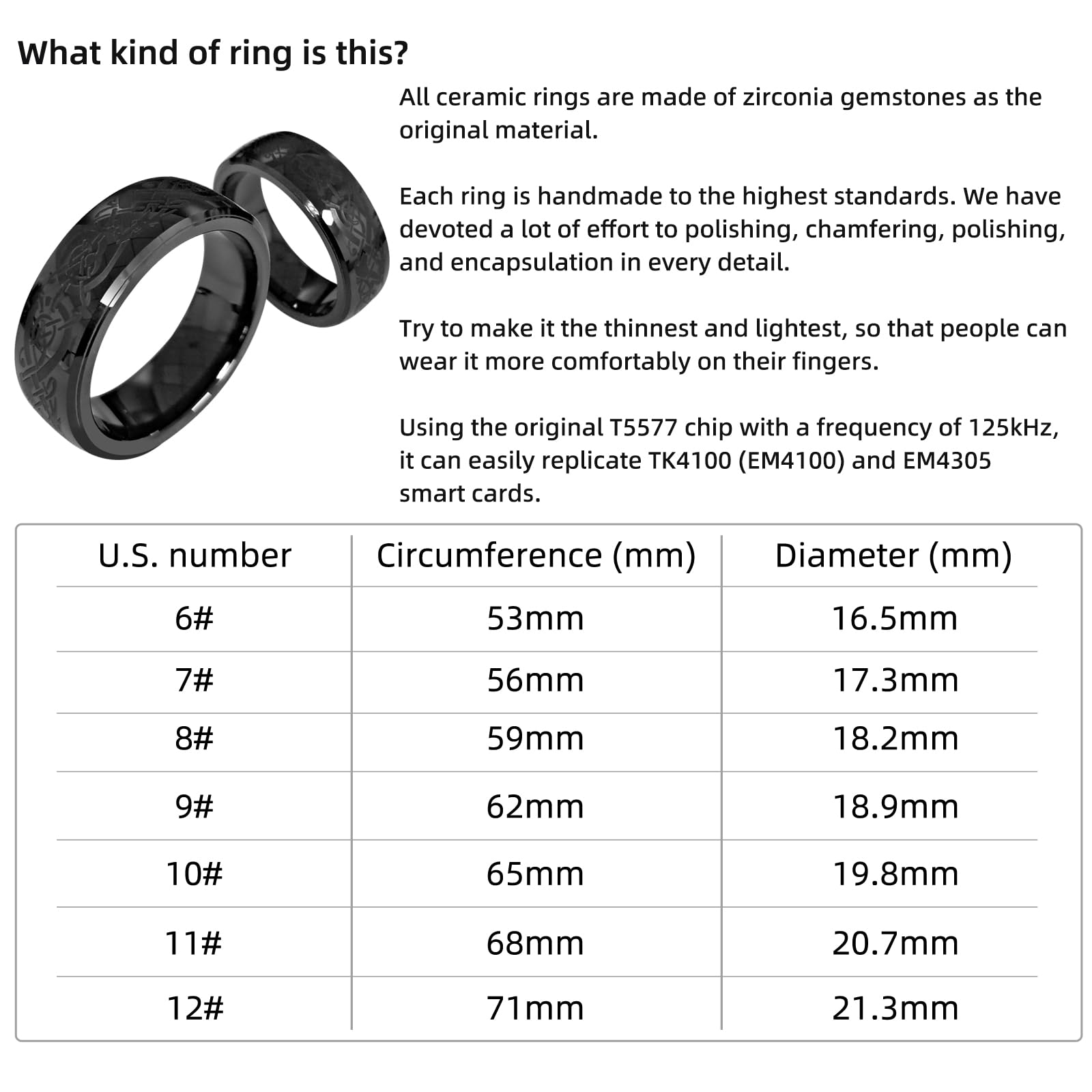 125kHz T5577 RFID Rewritable Ceramic Ring with Dragon Design - Clone EM4100 Cards for Cabinet Locks (Black, US Size 8) - Perfect for Access Control, Security Systems & Key Replacement