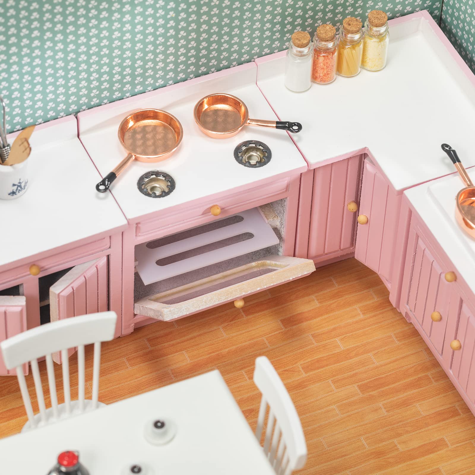 1:12 Scale Pink Wooden Dollhouse Furniture Set - Miniature Kitchen Cabinets, Dining Table, Refrigerator & Accessories for Doll House Toys | Perfect for Kids' Pretend Play, Room Decor & Collectors