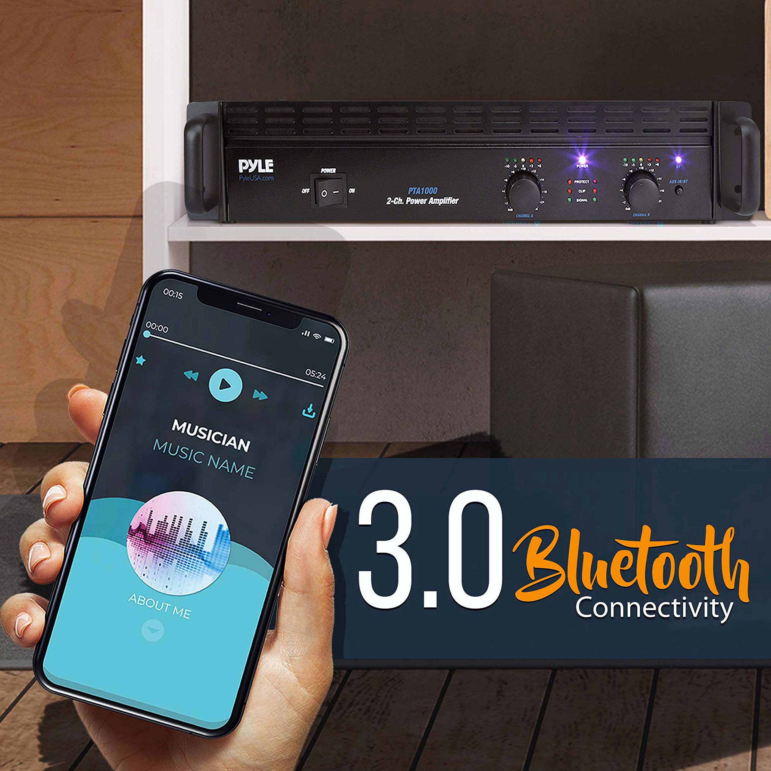 Pyle PTA1000 Professional 1000W 2-Channel Bluetooth Power Amplifier - Rack Mount, Bridgeable, LED Indicators, Shockproof Binding Posts & Cooling Fans - Perfect for DJ Gigs, Live Performances & Home Theater Systems