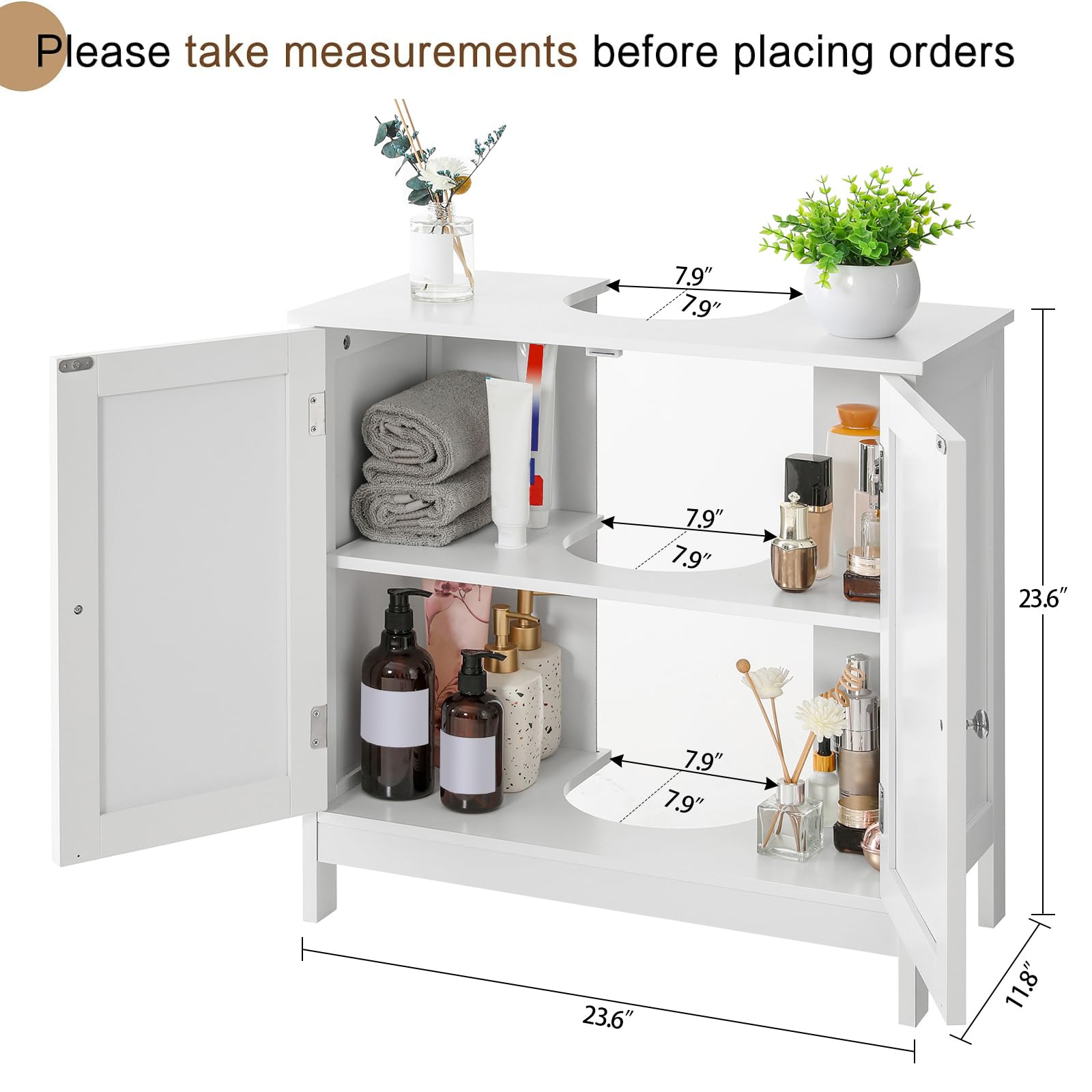 Iwell White U-Shaped Pedestal Sink Storage Cabinet with 2 Doors & Shelf - Under Sink Bathroom Organizer for Small Spaces, Vanity Storage Solution - Perfect for Bathroom, Laundry Room, or Powder Room Organization