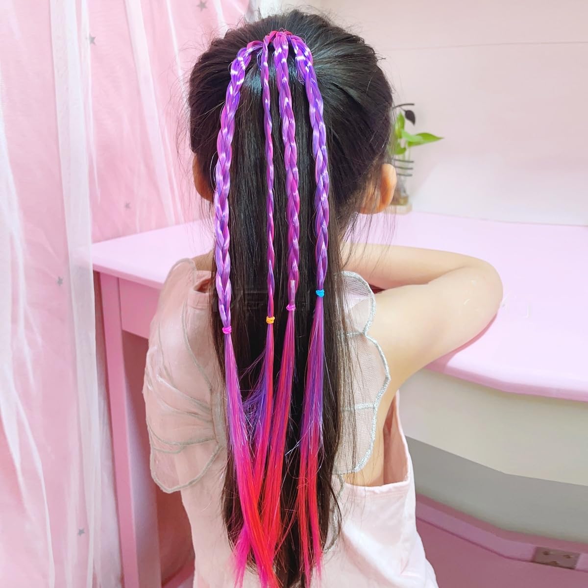 SYGA Girl Wig Headband with Twist Braid Rope Ponytail Hair Extensions - Kids Princess Hair Accessories for Styling (Purple Rose) - Perfect for Birthday Parties, Halloween Costumes & Dress-Up Play