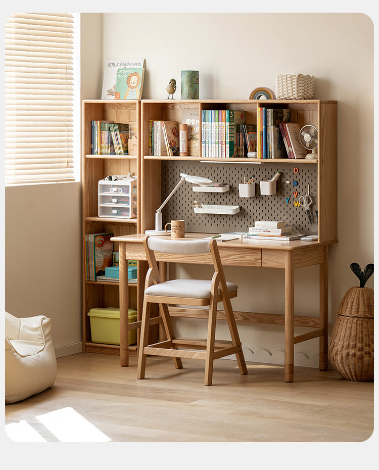 Solid Oak Wood Adjustable Height Kids Study Desk with Bookshelf - Perfect for Homework, Reading & Organizing in Bedroom or Playroom