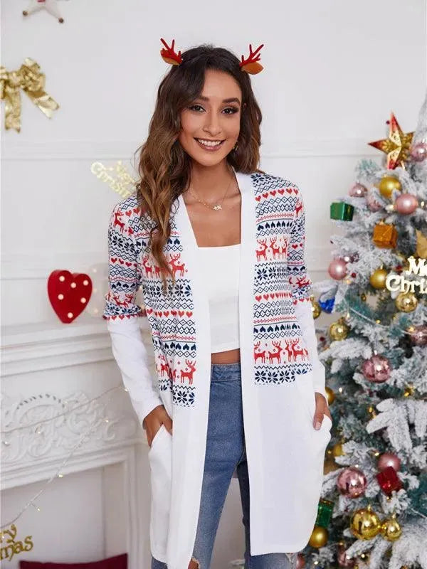 Cozy Christmas Print Women's Cardigan Sweater - Casual Long Sleeve Open Front Knit Top for Holiday Parties & Winter Outfits