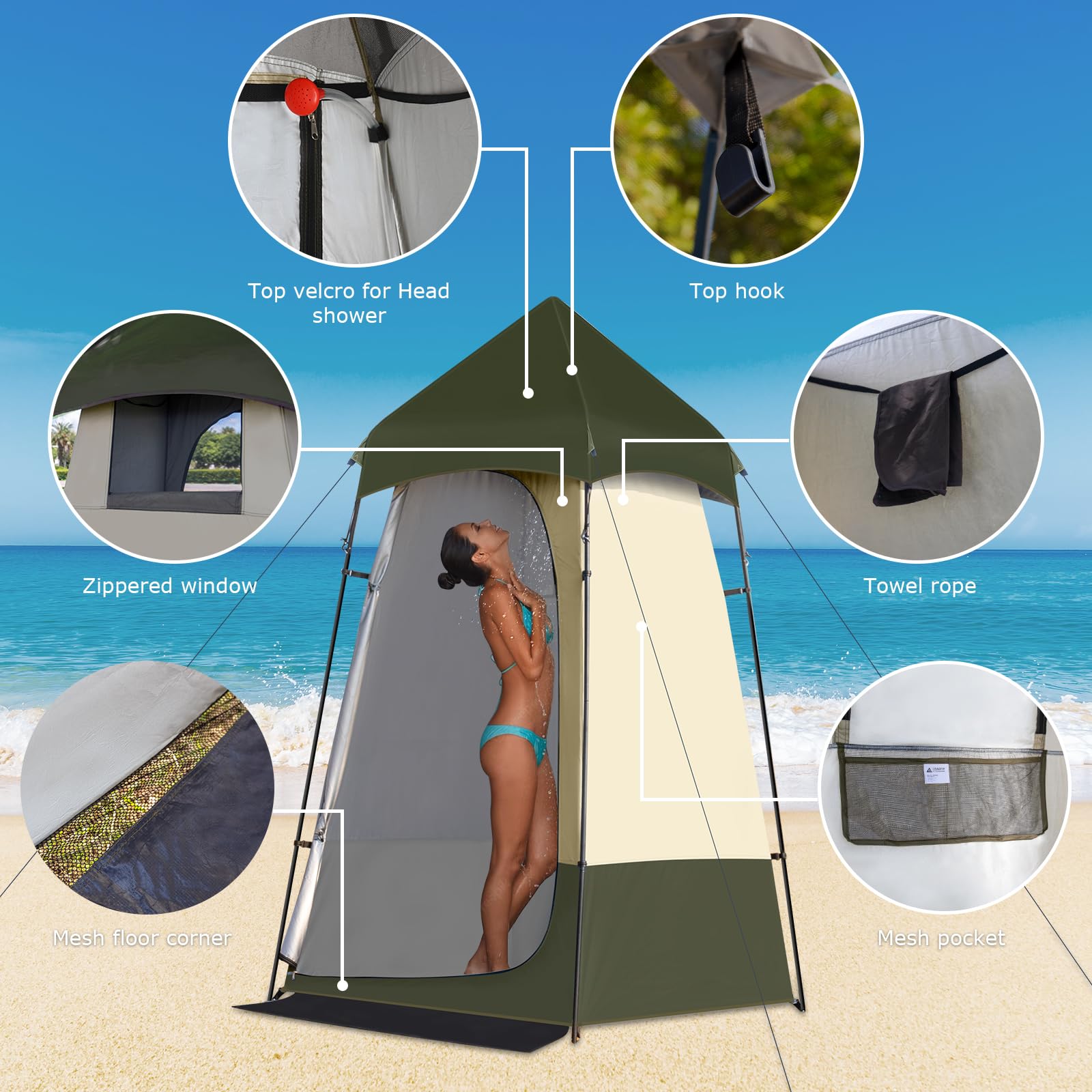 6.9 FT Portable Camping Shower Tent - Outdoor Privacy Changing Room for Camping, Toilet & Shower - Ideal for Beach, Hiking & Outdoor Adventures