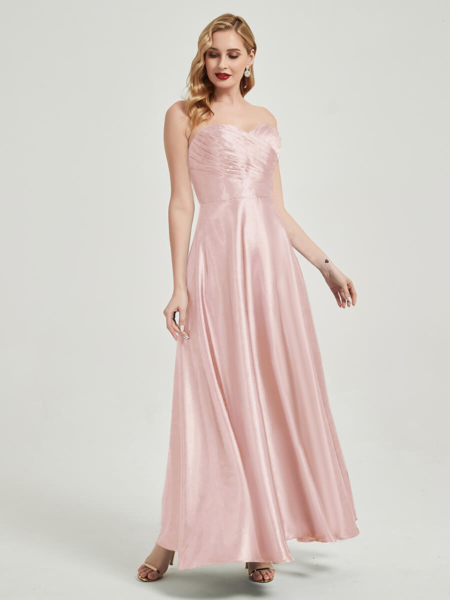 Blush Satin Sweetheart Strapless Floor-Length Pleated Bridesmaid Dress - Elegant Formal Gown for Weddings, Prom & Special Occasions