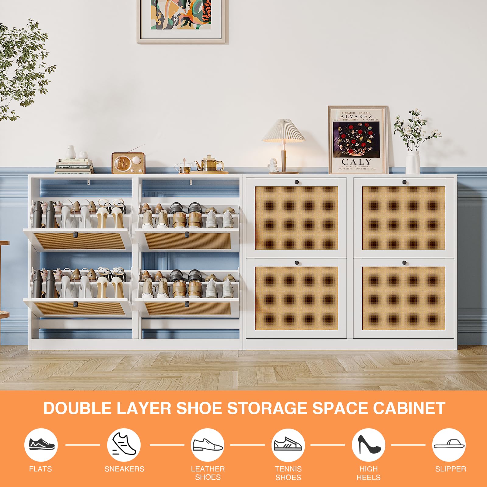 Anmytek Large Natural Rattan Shoe Storage Cabinet with 4 Flip Drawers - Freestanding Adjustable Shelf Shoe Organizer for Entryway, Hallway, Living Room | Perfect for Small Spaces, Closet Organization & Home Decor