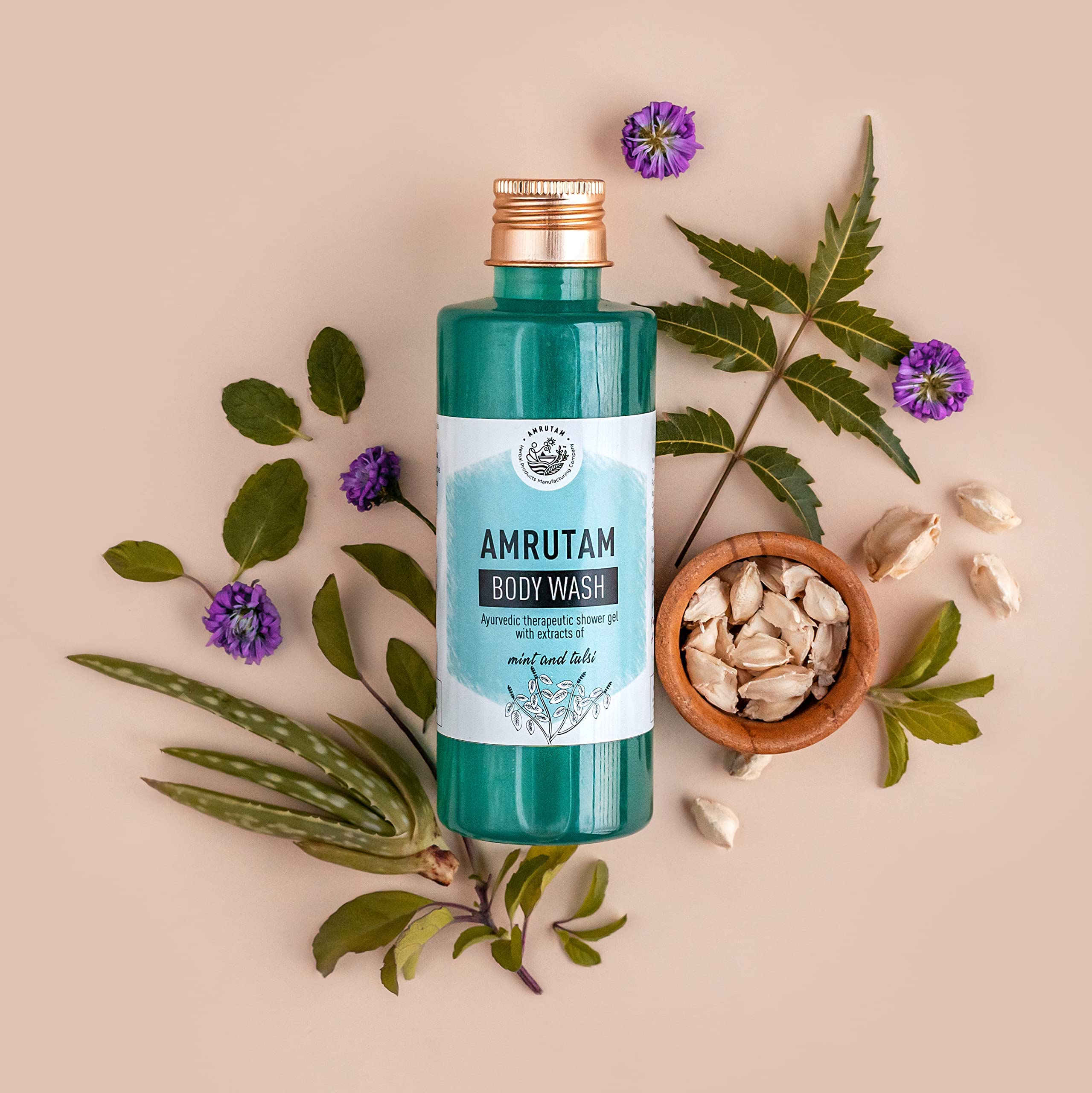 AMRUTAM Natural Body Wash with Aloe Vera, Mint & Tulsi - 200ml | Hydrating & Refreshing Shower Gel for Dry & Sensitive Skin | Perfect for Daily Use & Spa Days