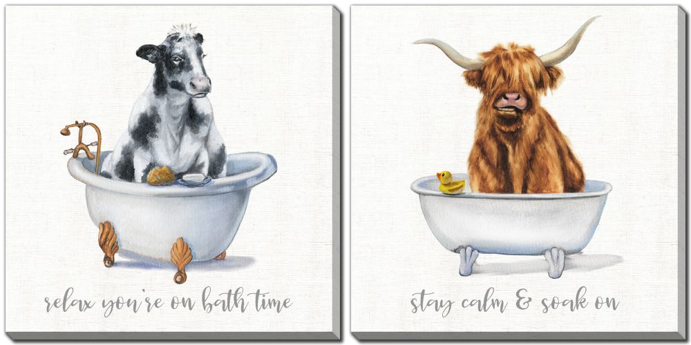 Bathtime Friends VII Wall Art Set of 2 - 16x16 Inches in White, Black & Brown - Perfect for Bathroom Decor, Nursery, Kids Room & Modern Home Interiors
