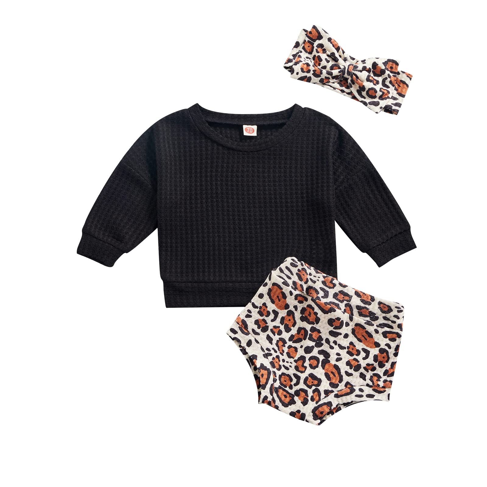 3Pcs Baby Girl Outfit Set - Long Sleeve Waffle Knit Pullover Sweater & Leopard Print Heart Clover Shorts with Headband | Cute Toddler Clothes for Playdates, Photo Shoots & Everyday Wear