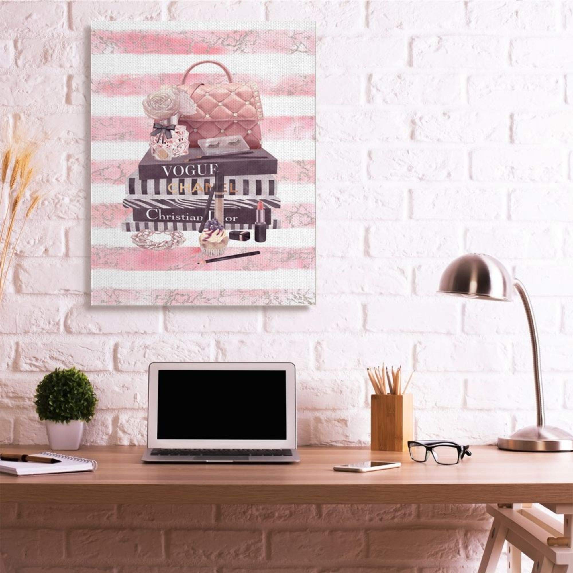 Stupell Industries Pink Quilted Purse Fashion Books Distressed Stripes Canvas Wall Art by Ziwei Li - 36