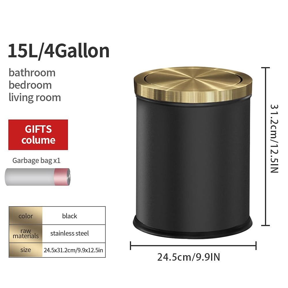 15L/4GAL Black and Gold Bathroom Trash Can with Flip Lid - Odor Control Waste Bin for Bathroom, Kitchen, Office & Hotel - Elegant Touch for Home, Living Room & Commercial Spaces