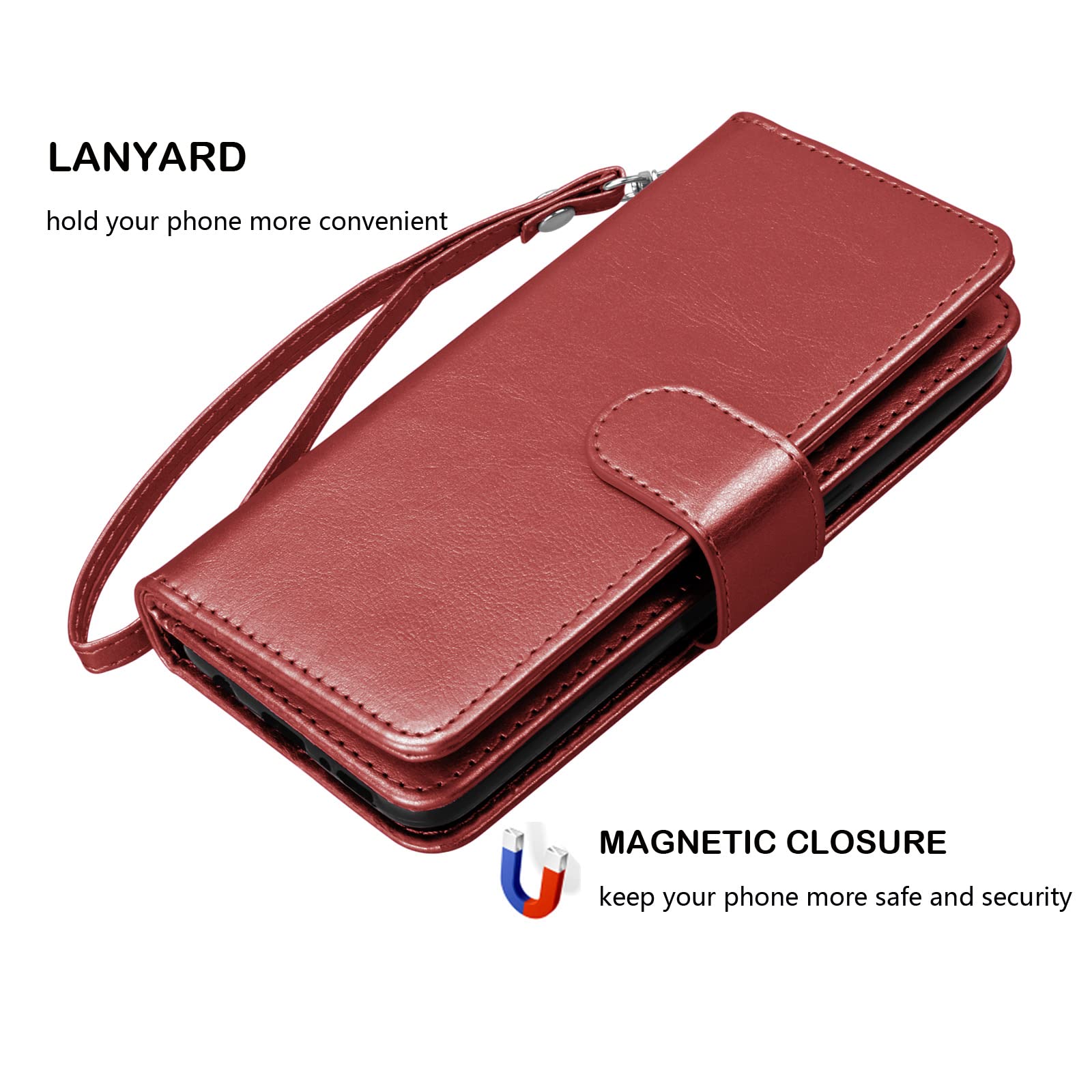 Premium PU Leather Wallet Case for Samsung Galaxy S23 Plus - 9 Card Slots, Detachable Magnetic Cover with Kickstand & Lanyard (Wine Red) | Perfect for Business Travel, Commuting and Everyday Protection
