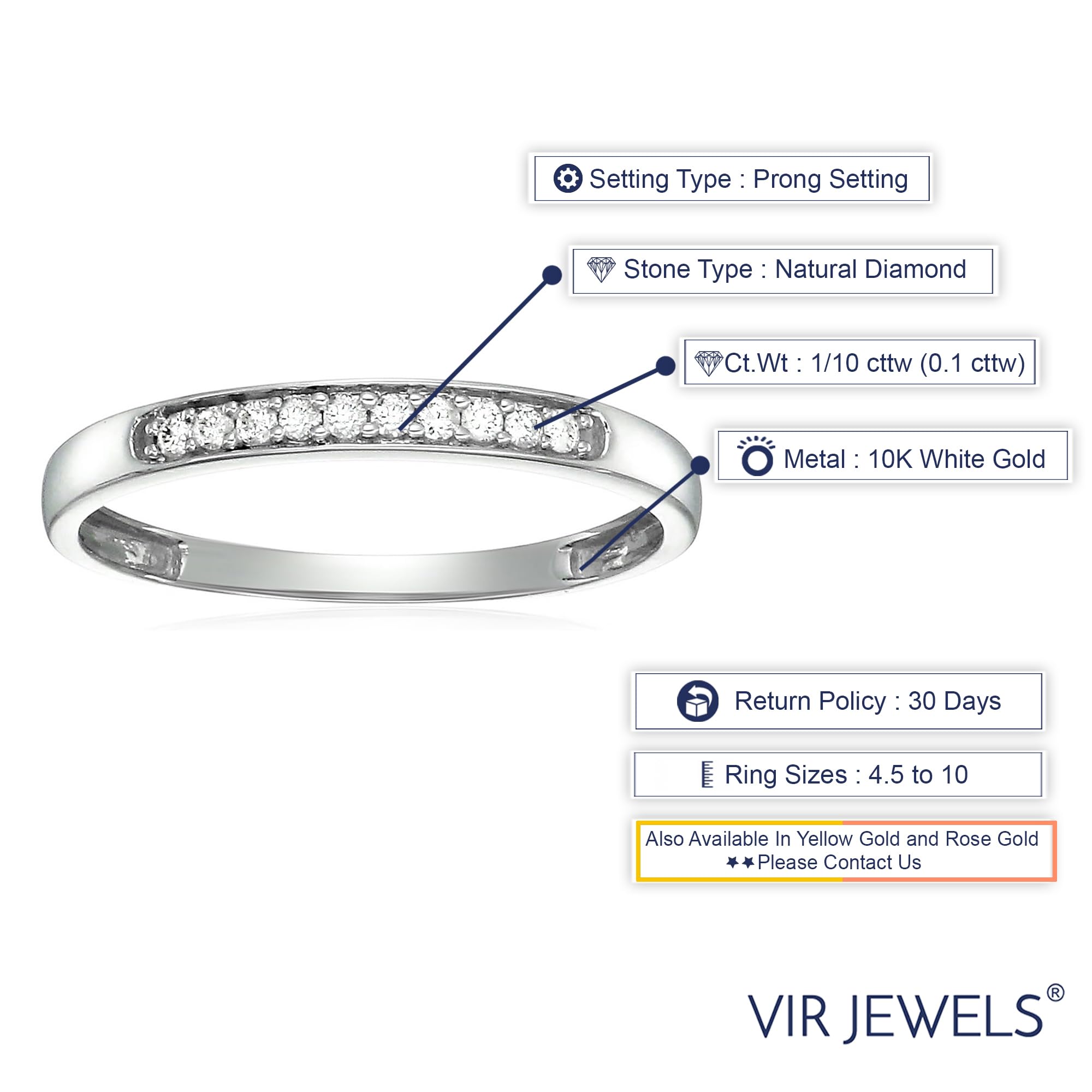 1/10 CTTW Diamond Wedding Band for Women - 10K White Gold Engagement Ring with 10 Prong Set Stones (Size 4.5-10) | Perfect for Anniversary Gifts, Bridal Jewelry & Everyday Elegance