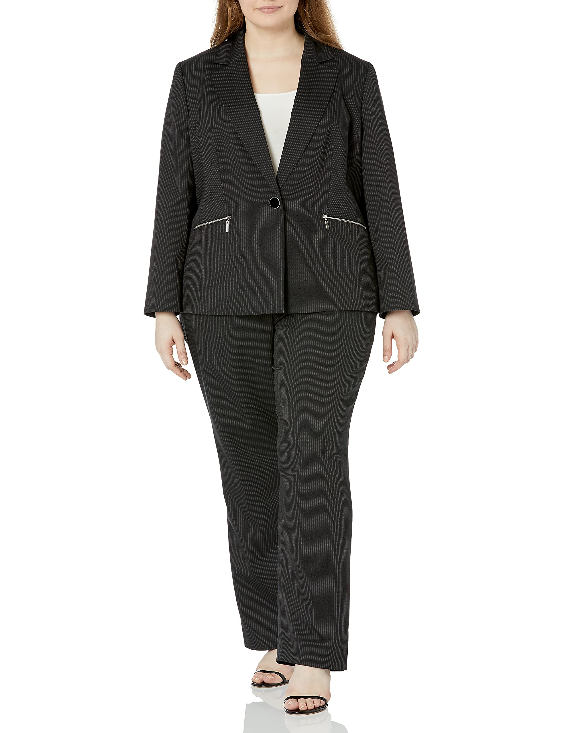 Le Suit Women's Pinstripe 1-Button Notch Collar Zip Pocket Pant Suit - Professional Office Wear & Business Attire for Women