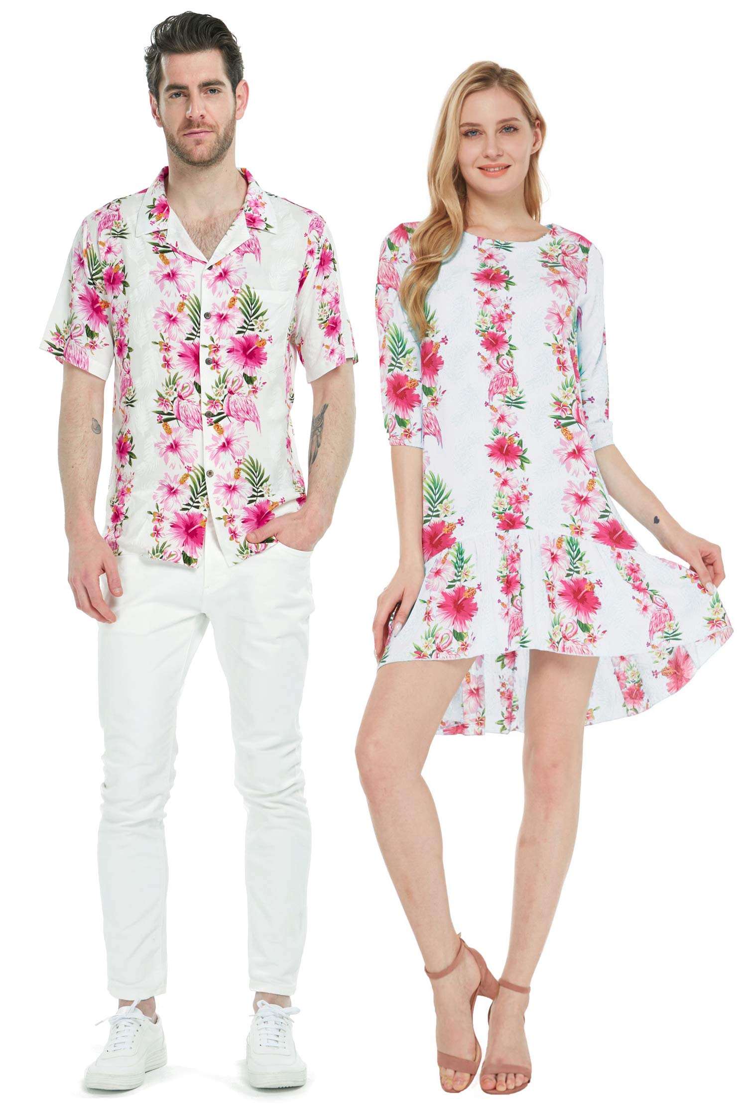 Matching Couple Hawaiian Luau Shirts & 3/4 Sleeve Ruffle Dress Set - Pink Hibiscus Vine Print for Beach Vacation, Summer Party, and Tropical Theme Date Night