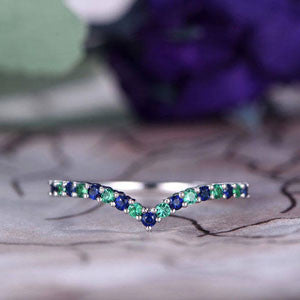14K White Gold Natural Emerald & Sapphire Curved V Wedding Band - Half Eternity Stackable Ring with Bar Setting for Women, Anniversary, Promise Ring, Gift for Her - Perfect for Stacking, Bridal Sets, and Special Occasions