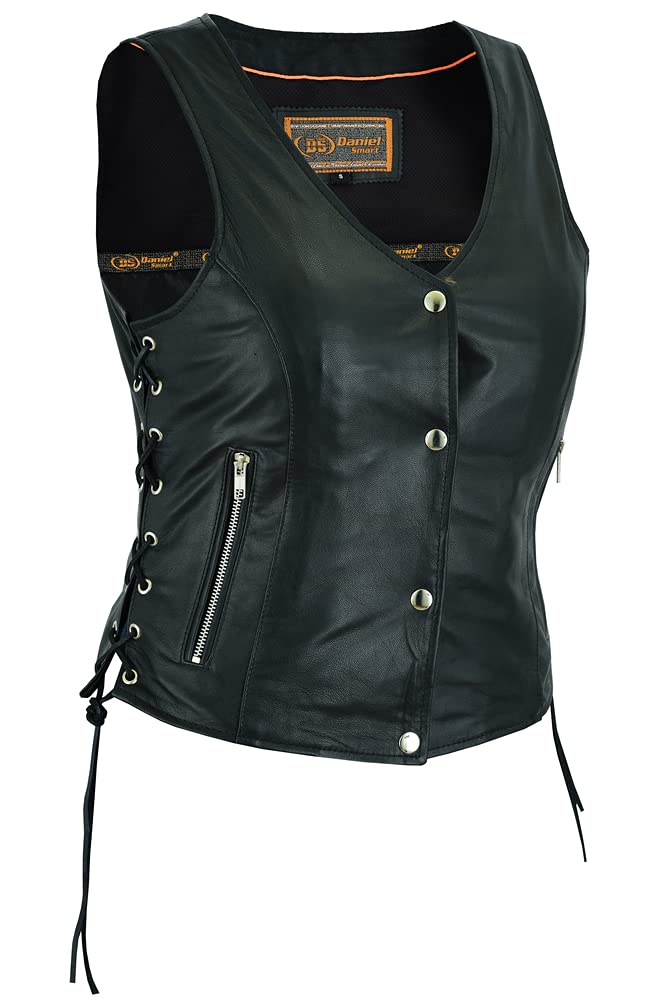 Daniel Smart Black Women's Leather Vest - Premium Biker Jacket with Stylish Side Laces & Concealed Armory Pocket (2XL, Black) | Perfect for Motorcycle Riding, Outdoor Adventures & Fashion Statement