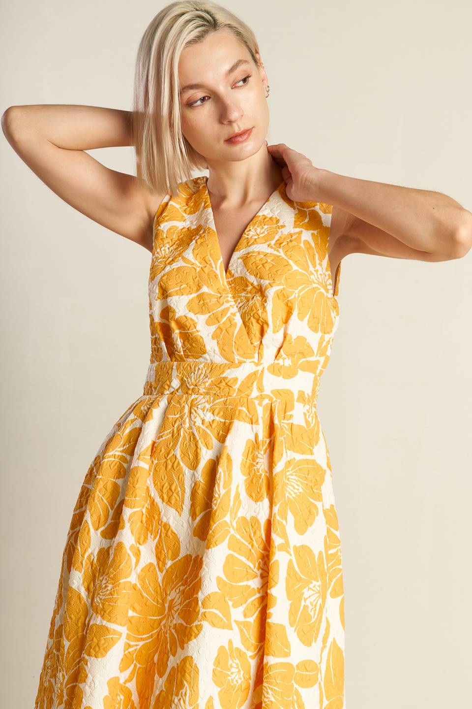 Bold Blooms Mustard Midi Dress - Floral Print Women's Dress for Casual Outings & Summer Parties
