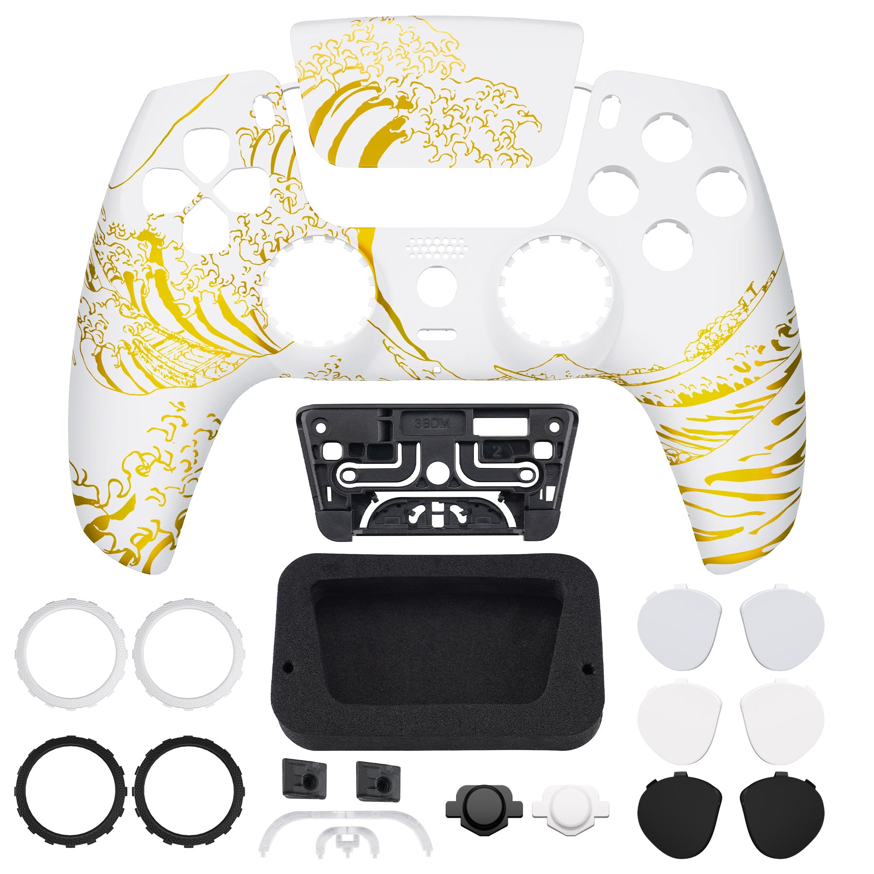 eXtremeRate LUNA Redesigned PS5 Controller Front Shell with Touchpad - Compatible with BDM 010/020/030/040/050 Models - The Great GOLDEN Wave Off Kanagawa Design - White - Perfect for Gaming, Customization & Controller Repair