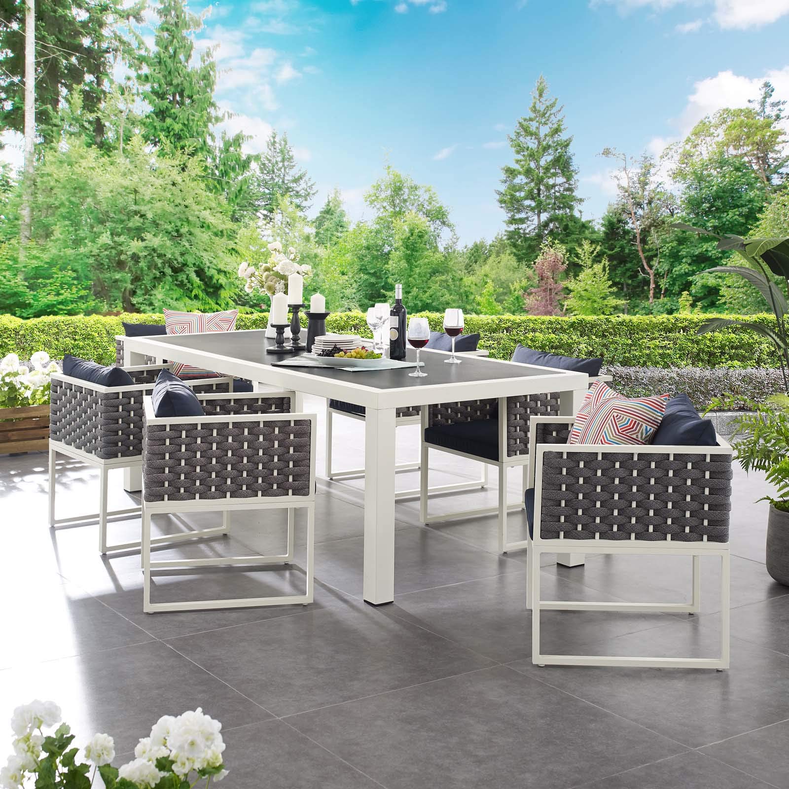 Modern Outdoor Patio Furniture Set - 5-Piece Aluminum Dining Chairs & Table with Weather-Resistant Navy Blue & White Fabric for Backyard, Garden, Poolside or Deck
