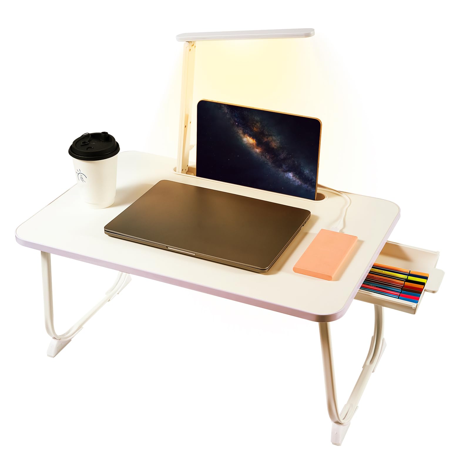 Foldable LED Laptop Desk for Bed with Storage Drawer - Portable Bed Tray Table with Light for Breakfast, Reading & Work - Multi-Purpose Laptop Stand for Sofa, Couch & Floor Use (White)
