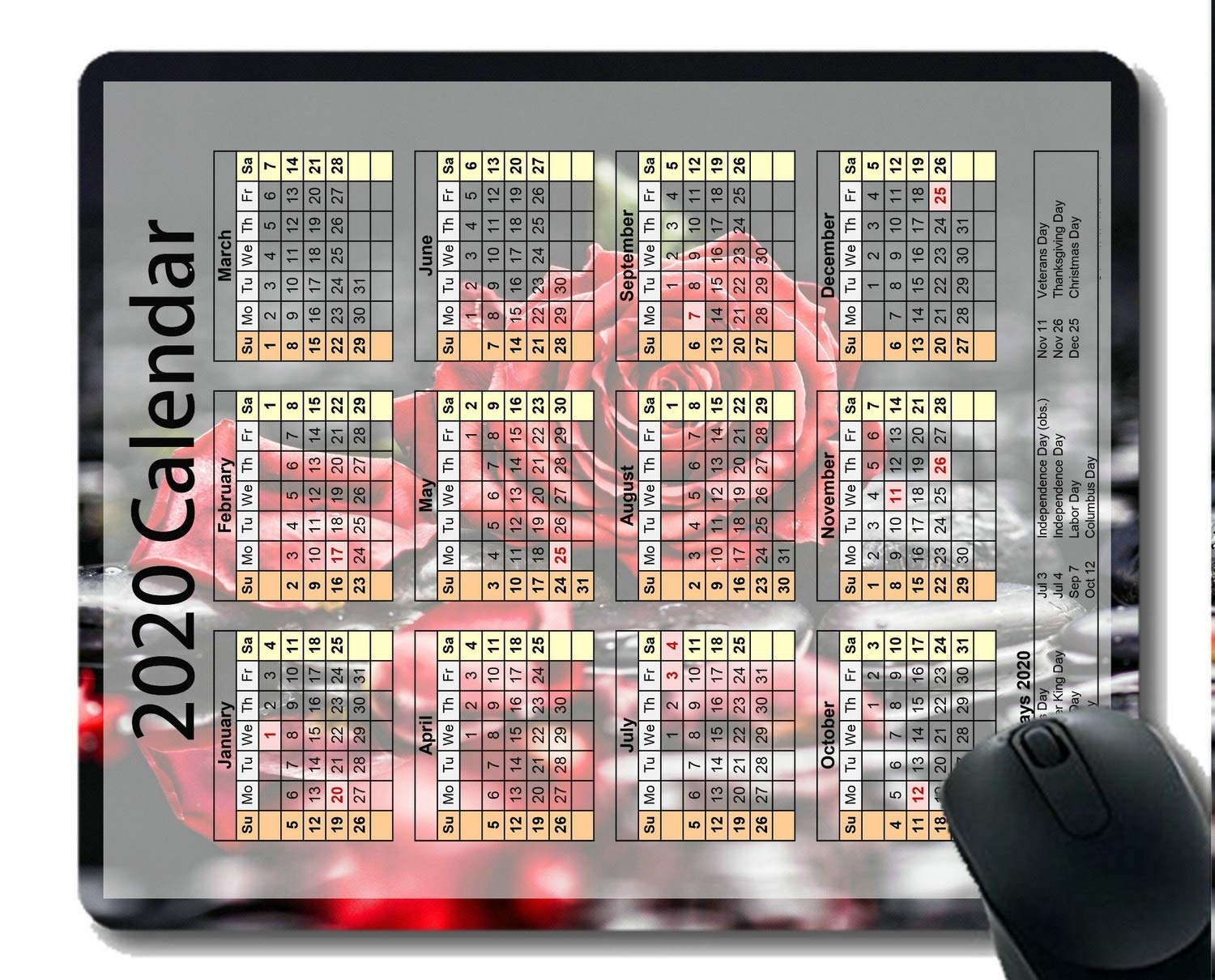 2024 Custom Holiday Calendar Mouse Pad with Natural Rose Design - Non-Slip Office Desk Mat for Computer, Laptop & Gaming Setup (Perfect Gift for Home & Office Use)