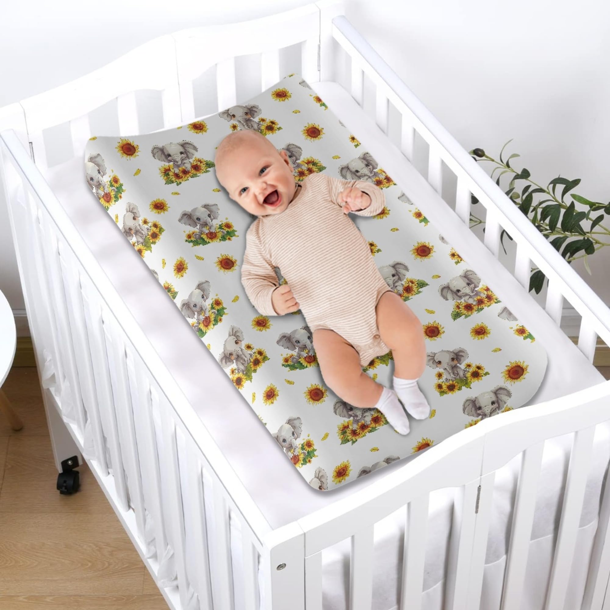 Boatee Sunflower Elephant Baby Changing Pad Cover - Soft & Comfortable Diaper Changing Table Pad Sheets for Girls | Perfect for Nursery, Daycare & Travel